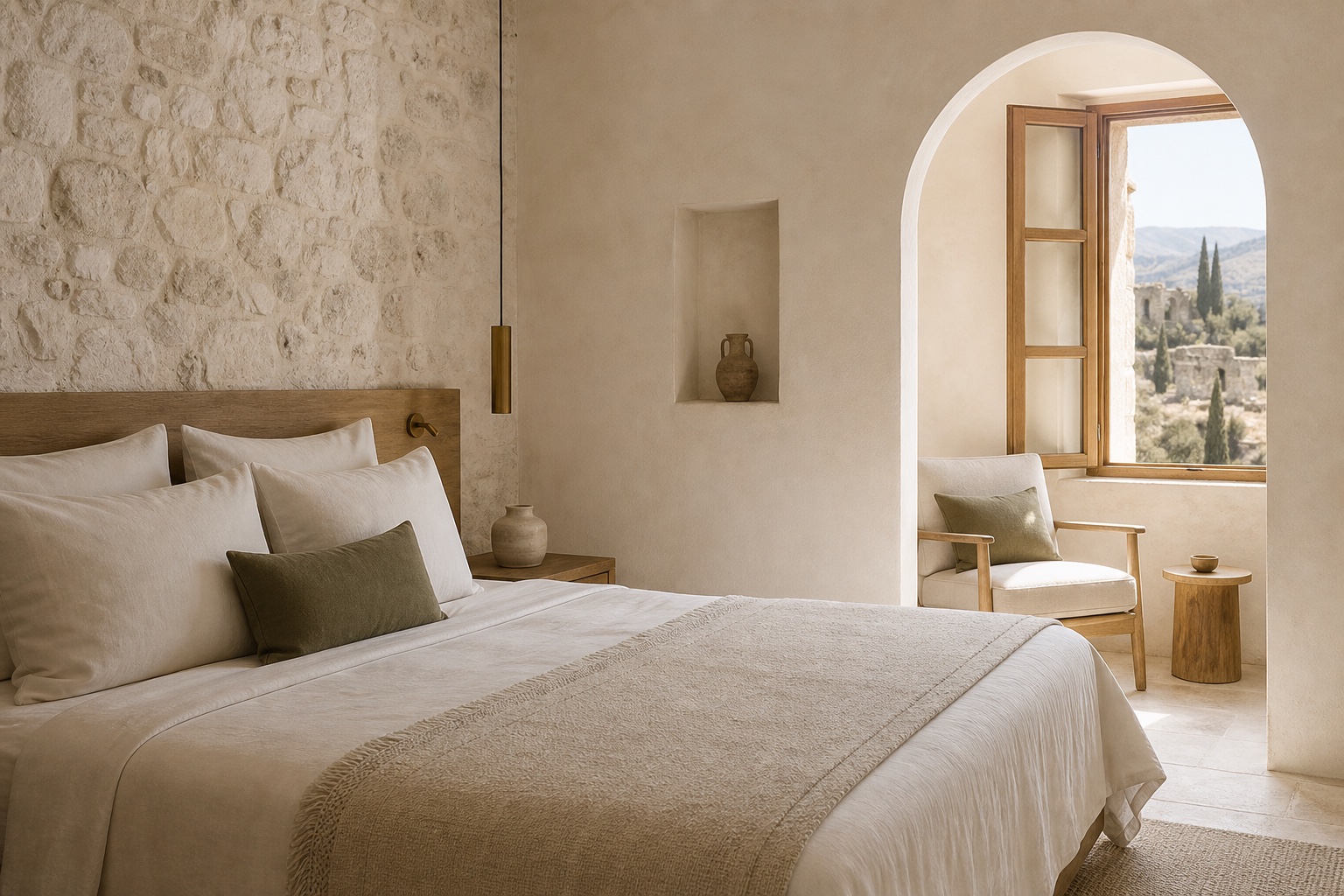 Indicative guest room concept with natural stone, timber and linen
