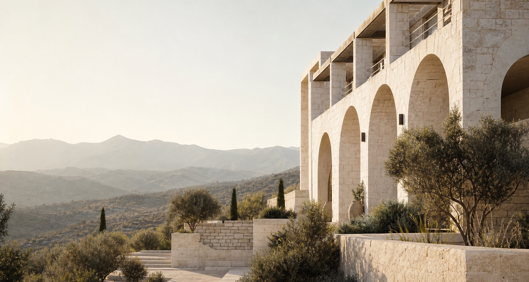 Indicative concept of pale stone architecture overlooking the Laconian landscape